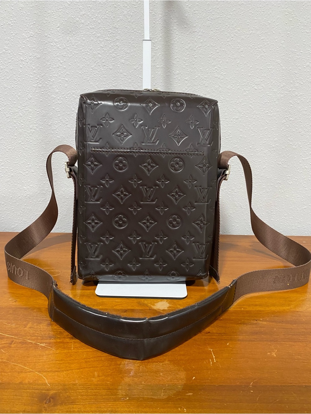Monogram Embossed Dark Brown Vertical Messenger Bag - Designer Style